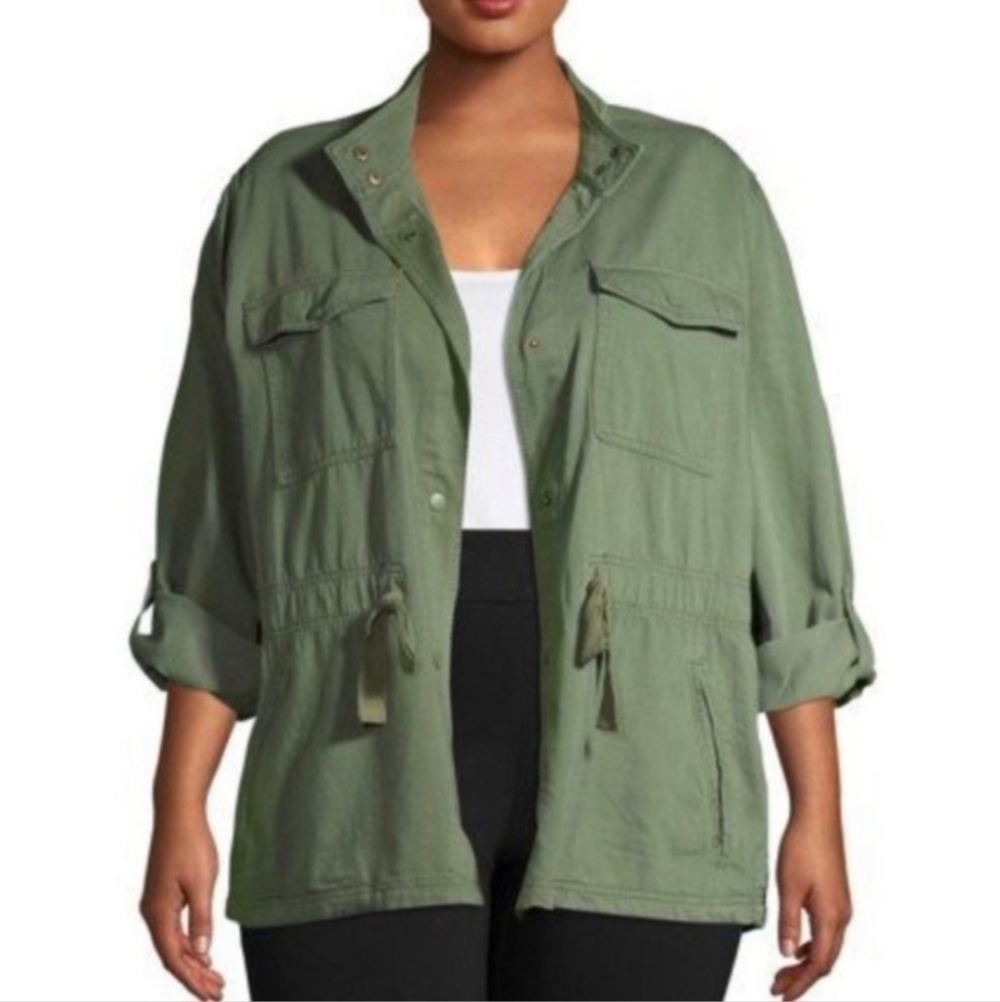TERRA & SKY OLIVE GREEN UTILITY CARGO BUTTON UP DRAWSTRING JACKET Women's 0X 14W